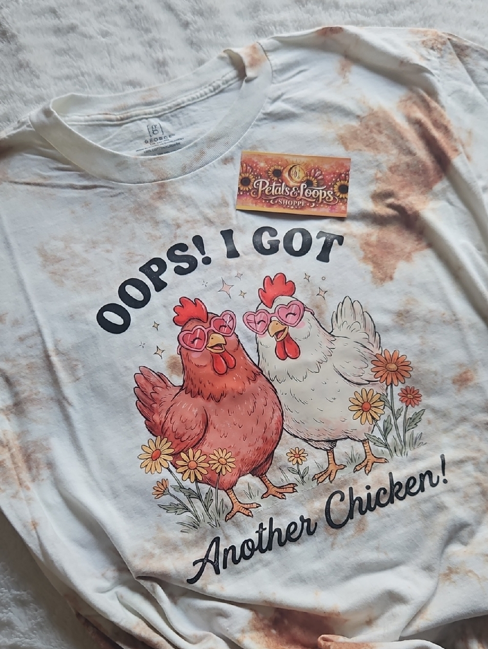 George White Tee with Pink & Red Chicken Graphic